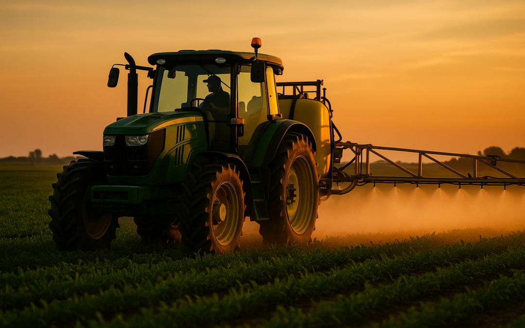 Auf dem Visual zur Pflanzenschutzmittelabdrift sieht man einen Traktor, der in den Abendstunden Pflanzenschutzmittel ausbringt.