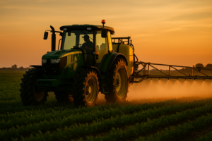 Auf dem Visual zur Pflanzenschutzmittelabdrift sieht man einen Traktor, der in den Abendstunden Pflanzenschutzmittel ausbringt.