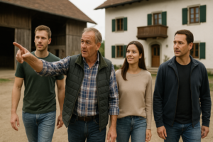 Bild für Realteilung von Erbengemeinschaften: Ein Vater, der Erblasser, geht mit seinen Kindern, den Erben, über den Hof.